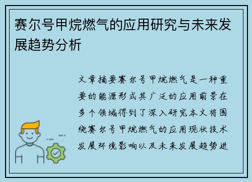 赛尔号甲烷燃气的应用研究与未来发展趋势分析 赛尔号甲烷燃气的应用研究与未来发展趋势分析