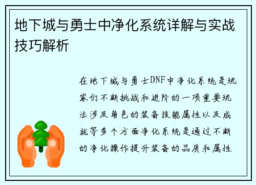 地下城与勇士中净化系统详解与实战技巧解析 地下城与勇士中净化系统详解与实战技巧解析