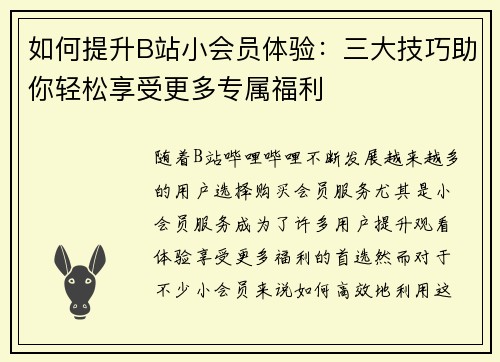 如何提升B站小会员体验:三大技巧助你轻松享受更多专属福利 如何提升B站小会员体验:三大技巧助你轻松享受更多专属福利